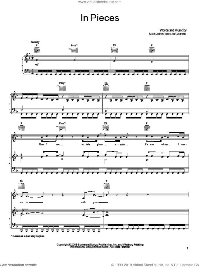 In Pieces sheet music for voice, piano or guitar by Foreigner, Kelly Hansen, Martin Frederiksen and Mick Jones, intermediate skill level