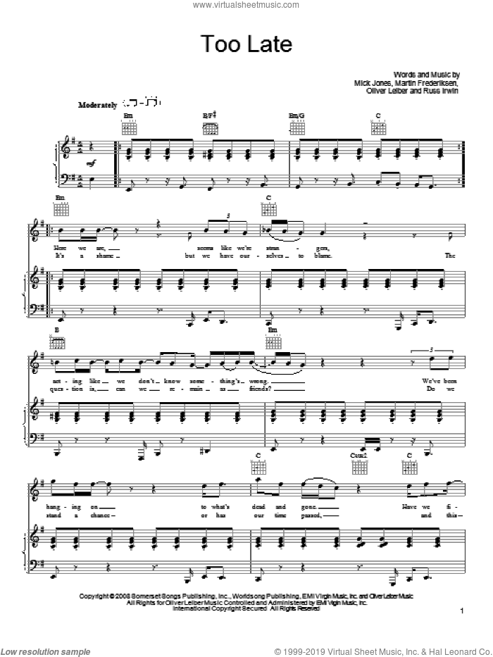 Too Late sheet music for voice, piano or guitar by Foreigner, Martin Frederiksen, Mick Jones, Oliver Leiber and Russ Irwin, intermediate skill level