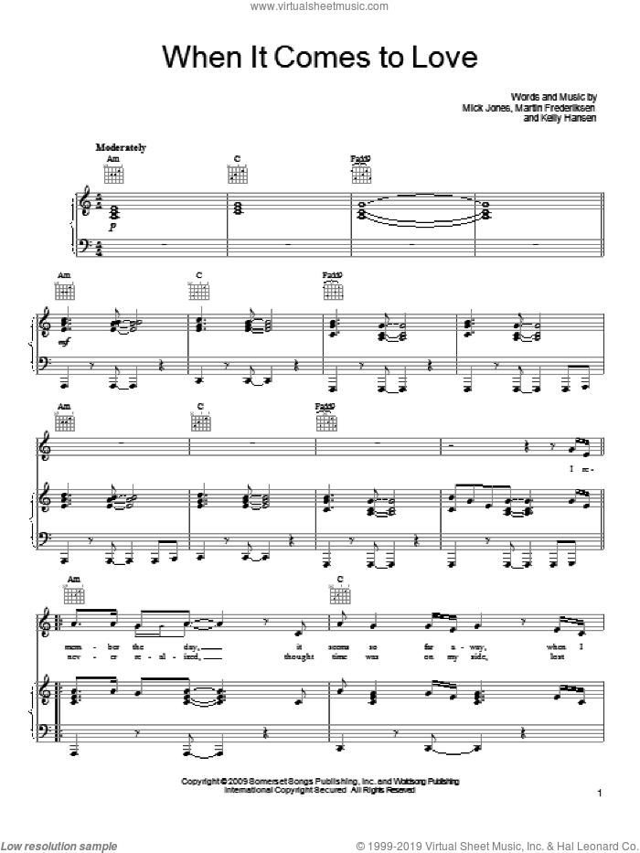 When It Comes To Love sheet music for voice, piano or guitar by Foreigner, Kelly Hansen, Martin Frederiksen and Mick Jones, intermediate skill level