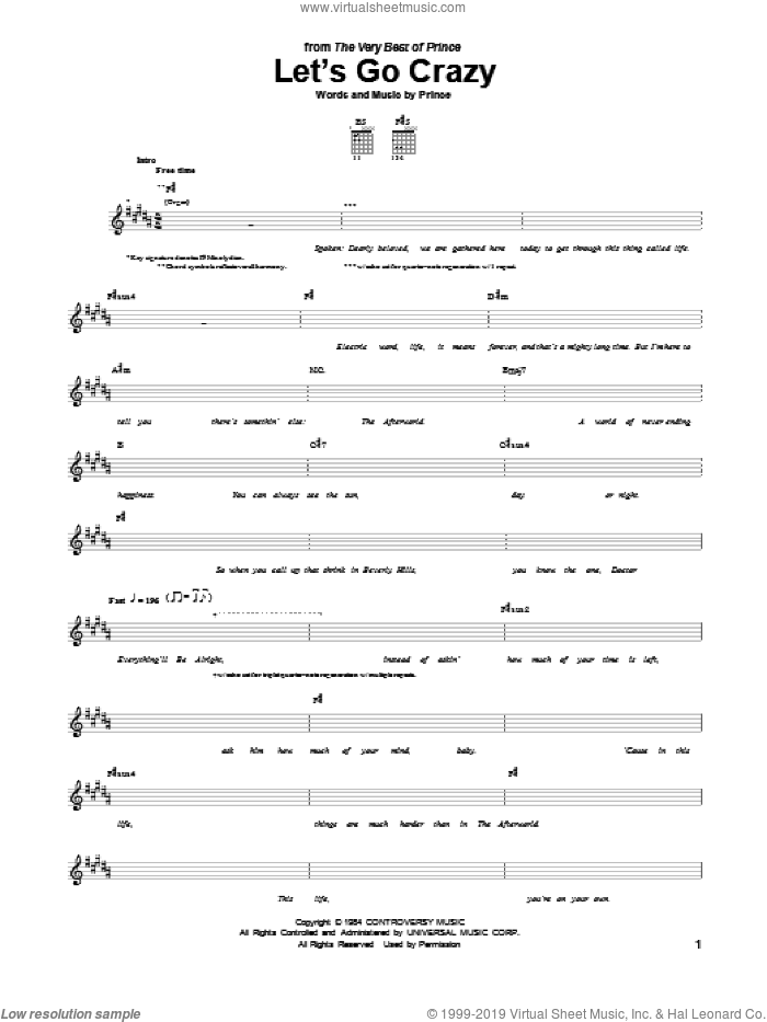 Let's Go Crazy sheet music for guitar (tablature) by Prince, intermediate skill level