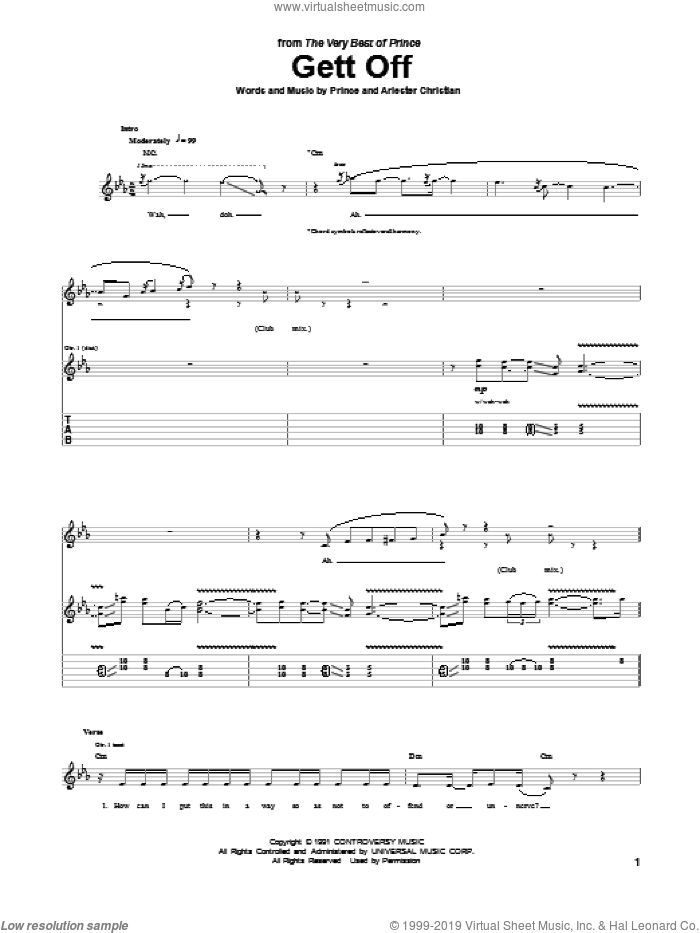 Gett Off sheet music for guitar (tablature) by Prince and Arlester Christian, intermediate skill level