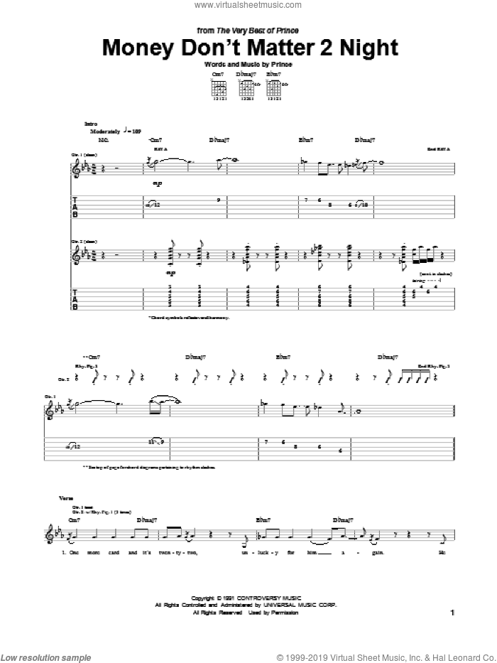 Money Don't Matter 2 Night sheet music for guitar (tablature) by Prince, intermediate skill level