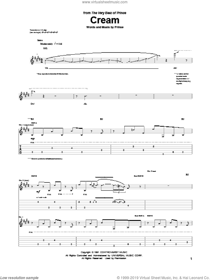 Cream sheet music for guitar (tablature) by Prince, intermediate skill level