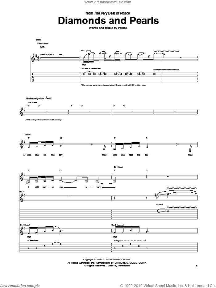 Diamonds And Pearls sheet music for guitar (tablature) by Prince, intermediate skill level