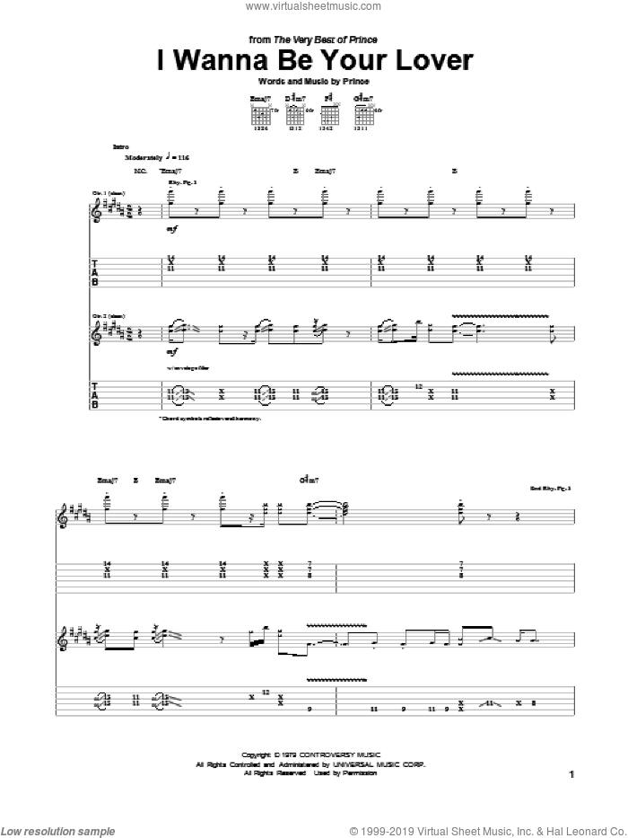 I Wanna Be Your Lover sheet music for guitar (tablature) by Prince, intermediate skill level