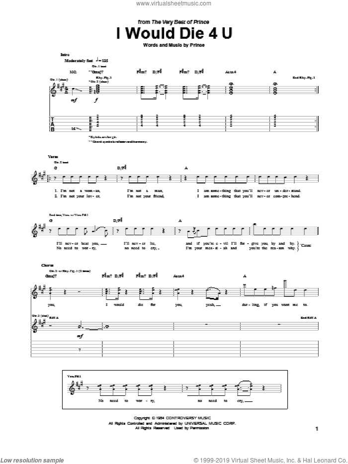 I Would Die 4 U sheet music for guitar (tablature) by Prince, intermediate skill level