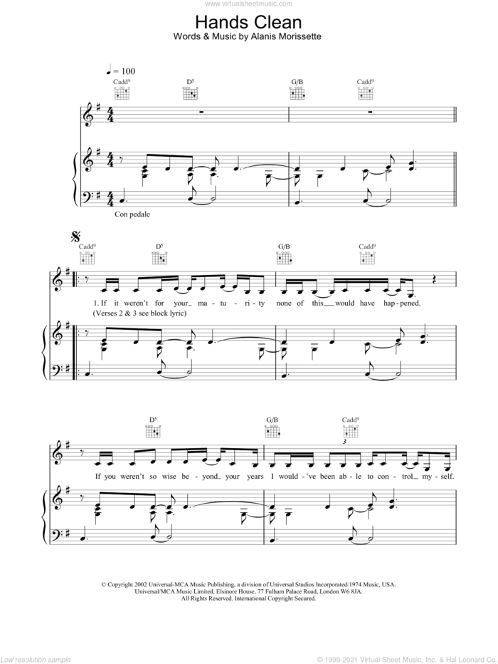 Hands Clean sheet music for voice, piano or guitar by Alanis Morissette, intermediate skill level