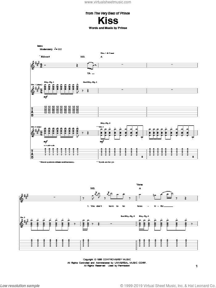 Kiss sheet music for guitar (tablature) by Prince, intermediate skill level