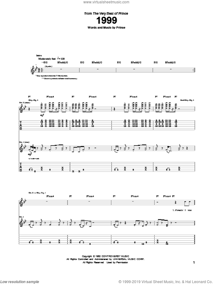 1999 sheet music for guitar (tablature) by Prince, intermediate skill level