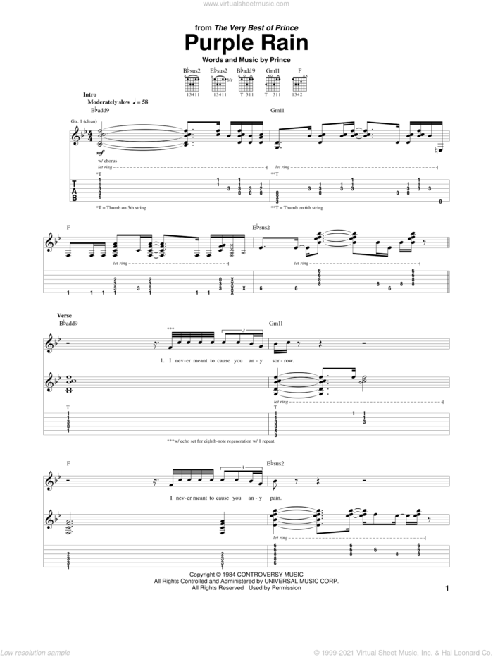 Purple Rain sheet music for guitar (tablature) by Prince, intermediate skill level