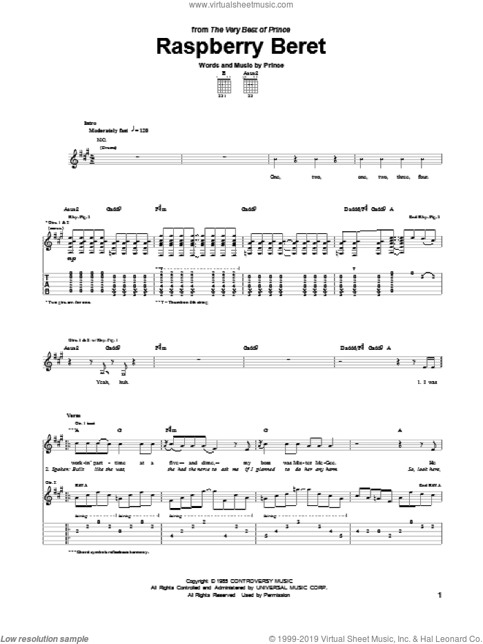 Raspberry Beret sheet music for guitar (tablature) by Prince, intermediate skill level
