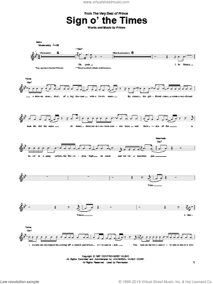 Sign O' The Times sheet music for guitar (tablature) by Prince, intermediate skill level