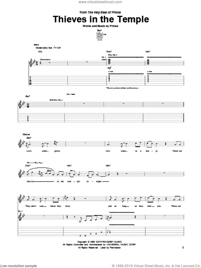 Thieves In The Temple sheet music for guitar (tablature) by Prince, intermediate skill level