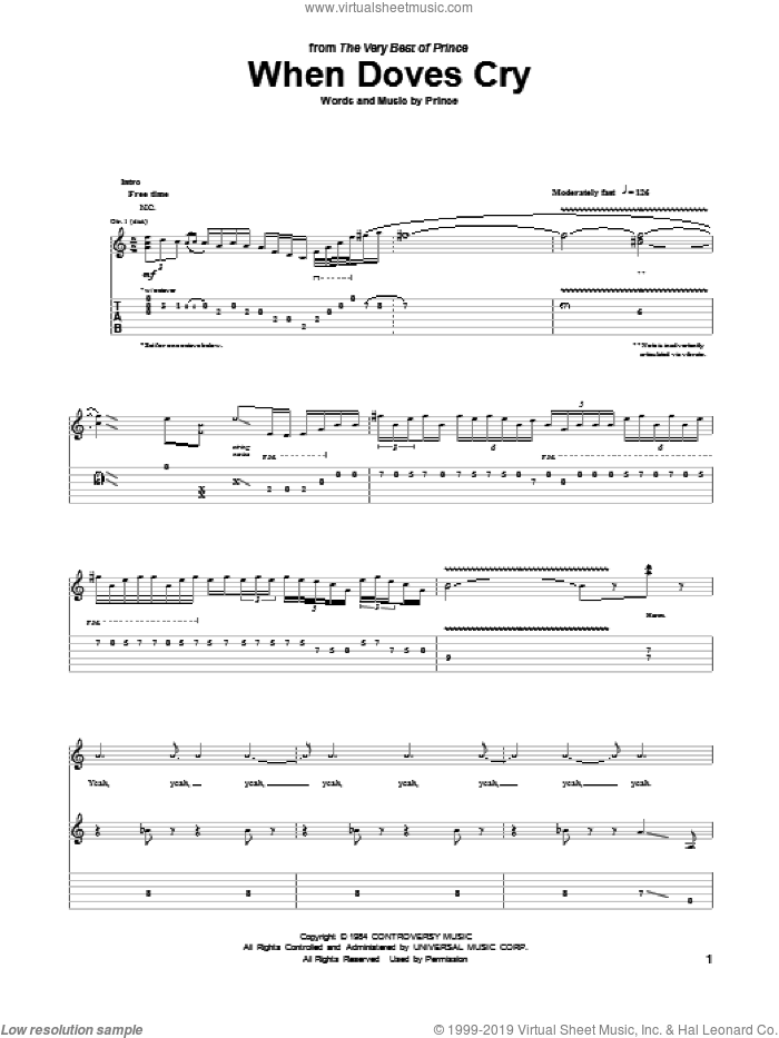 When Doves Cry sheet music for guitar (tablature) by Prince, intermediate skill level