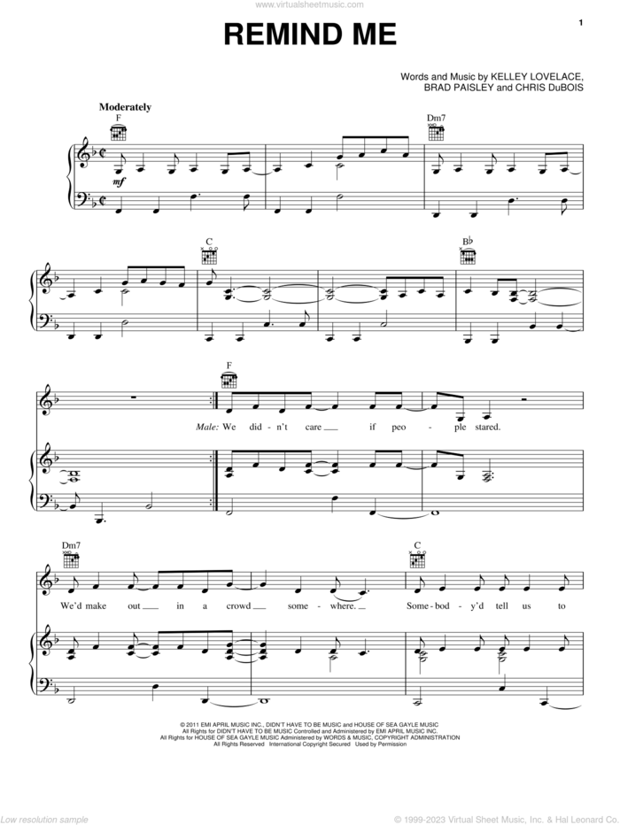 Remind Me sheet music for voice, piano or guitar by Brad Paisley & Carrie Underwood, Carrie Underwood, Brad Paisley, Chris DuBois and Kelley Lovelace, intermediate skill level