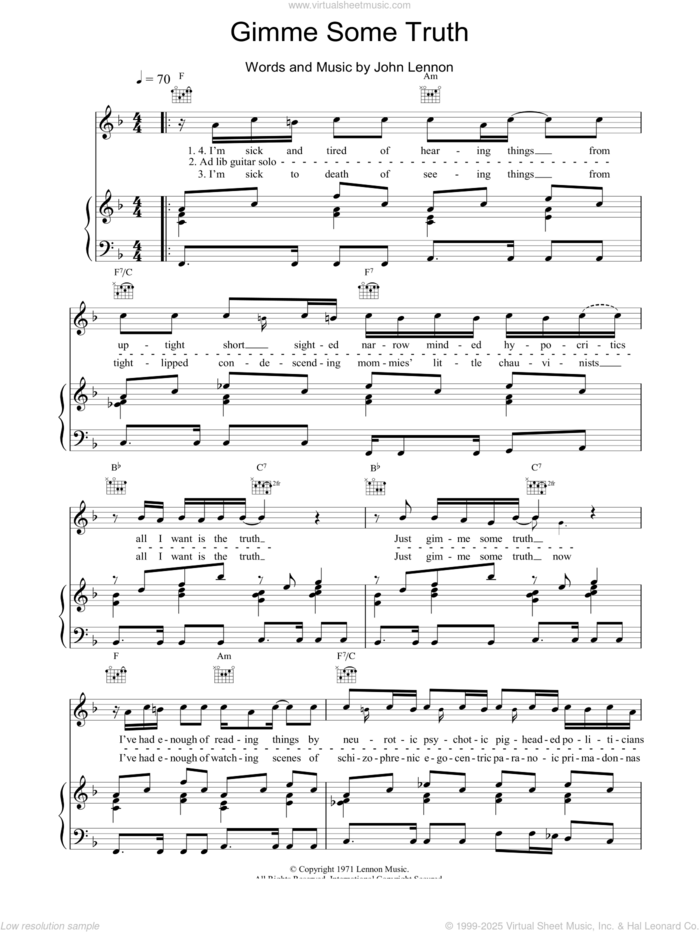 Gimme Some Truth sheet music for voice, piano or guitar by John Lennon, intermediate skill level