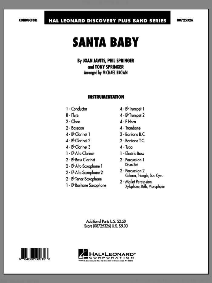 Santa Baby (COMPLETE) sheet music for concert band by Michael Brown, Joan Javits, Phil Springer and Tony Springer, intermediate skill level