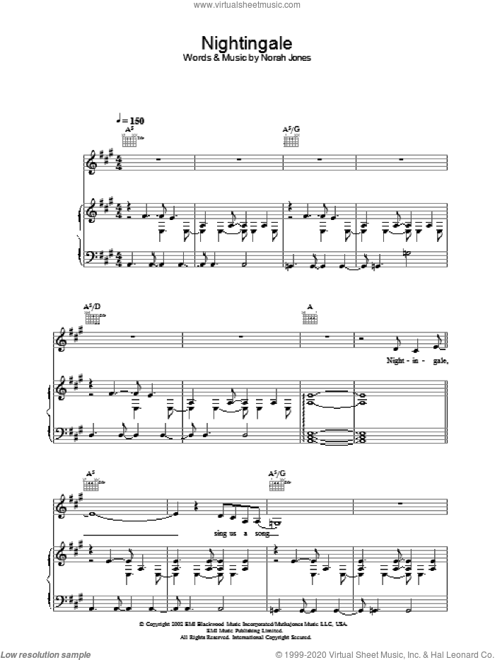 Nightingale sheet music for voice, piano or guitar by Norah Jones, intermediate skill level