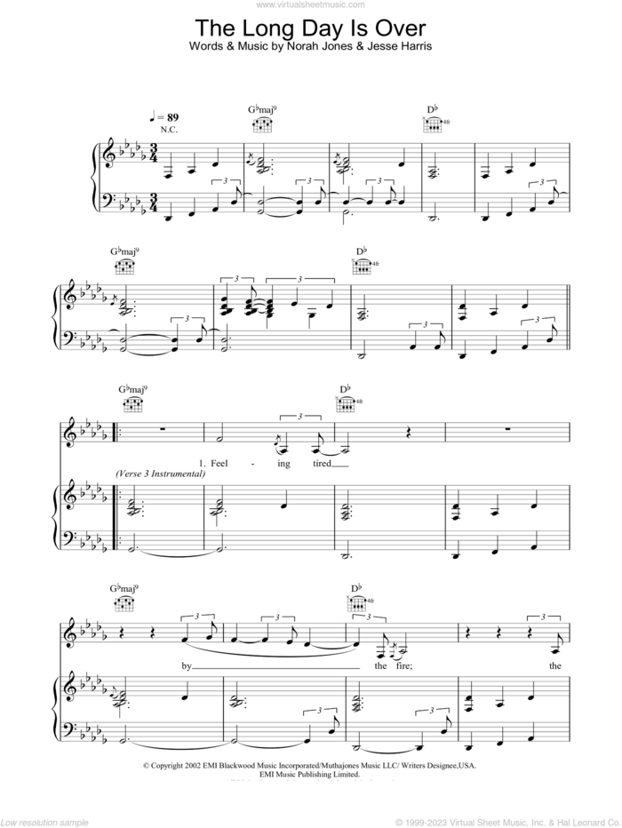 The Long Day Is Over sheet music for voice, piano or guitar by Norah Jones and Jesse Harris, intermediate skill level