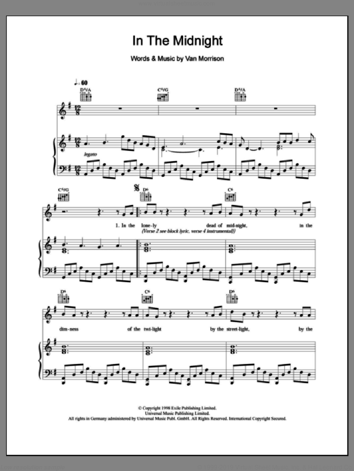 In The Midnight sheet music for voice, piano or guitar by Van Morrison, intermediate skill level