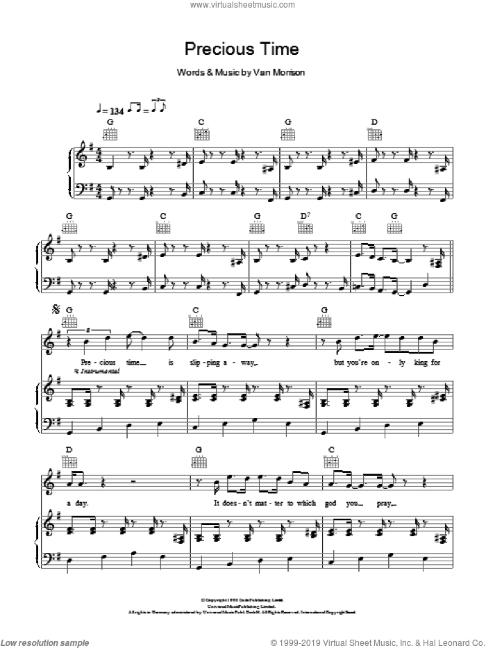 Precious Time sheet music for voice, piano or guitar by Van Morrison, intermediate skill level