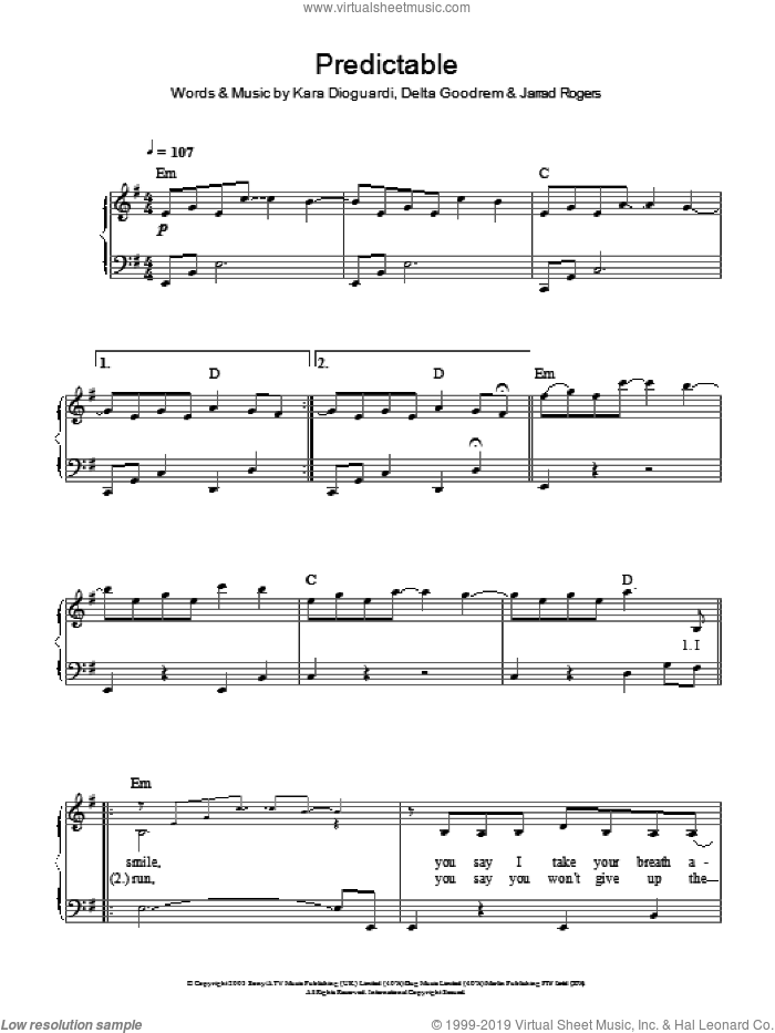 Predictable sheet music for piano solo by Delta Goodrem, Jarrad Rogers and Kara DioGuardi, easy skill level