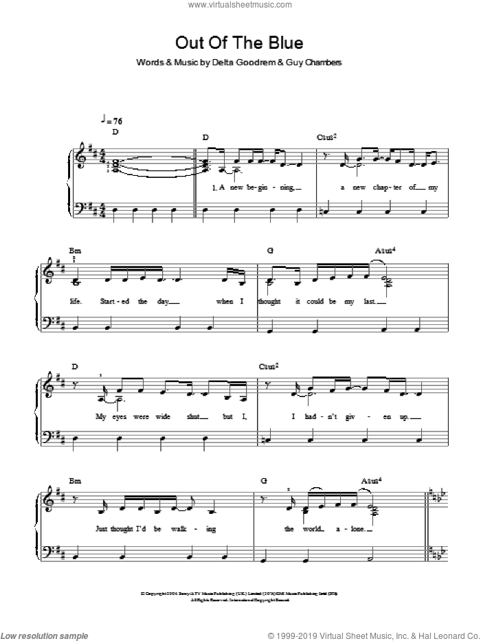 Out Of The Blue sheet music for piano solo by Delta Goodrem and Guy Chambers, easy skill level