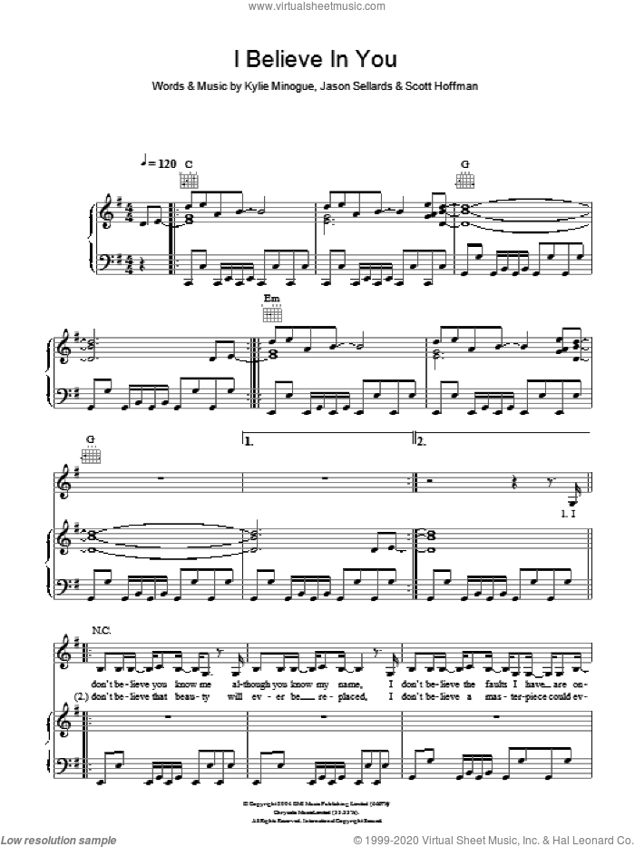 I Believe In You sheet music for voice, piano or guitar by Kylie Minogue, Jason Sellards and Scott Hoffman, intermediate skill level