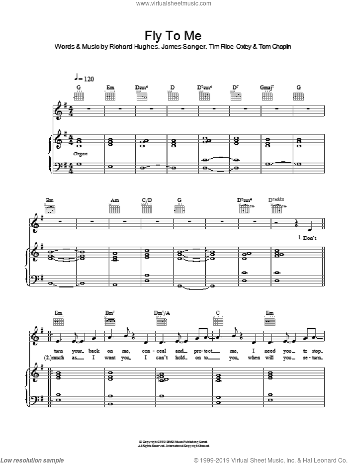 Fly To Me sheet music for voice, piano or guitar by Tim Rice-Oxley, James Sanger, Richard Hughes and Tom Chaplin, intermediate skill level