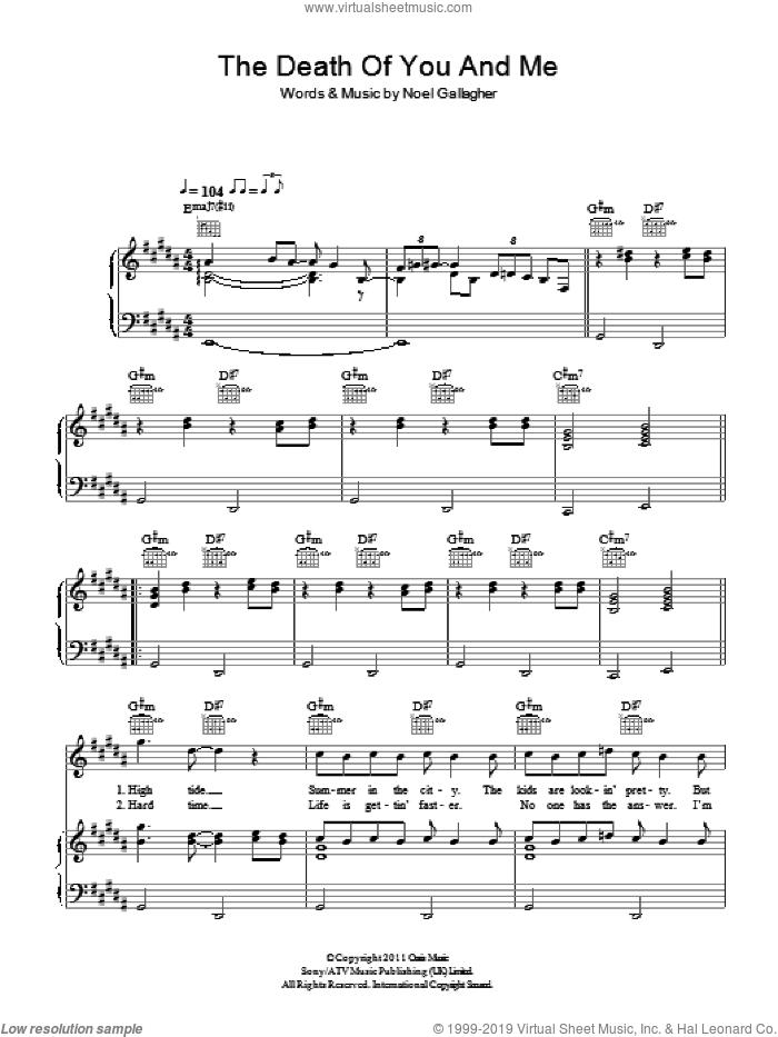 The Death Of You And Me sheet music for voice, piano or guitar by Noel Gallagher's High Flying Birds and Noel Gallagher, intermediate skill level