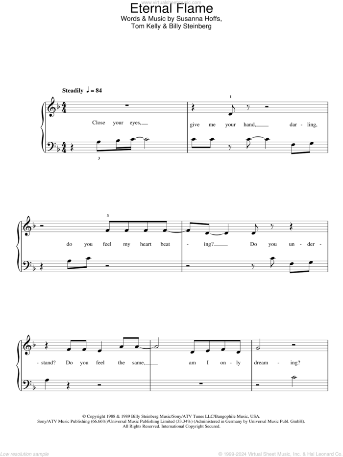 Eternal Flame sheet music for piano solo by The Bangles, Atomic Kitten, Attomic Kitten, Billy Steinberg, Susanna Hoffs and Tom Kelly, easy skill level