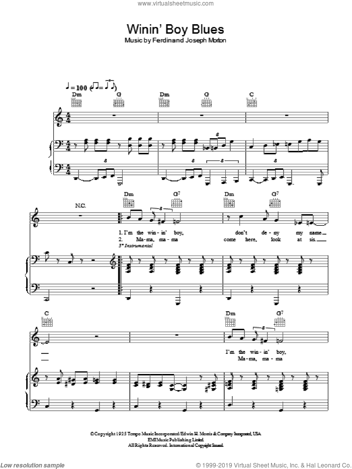 Winin' Boy Blues sheet music for voice, piano or guitar by Hugh Laurie and Ferdinand Joseph Morton, intermediate skill level