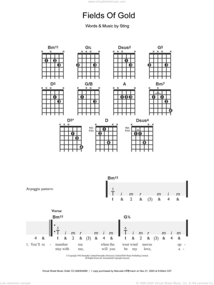 Fields Of Gold sheet music for guitar solo (chords) by Sting and Eva Cassidy, easy guitar (chords)