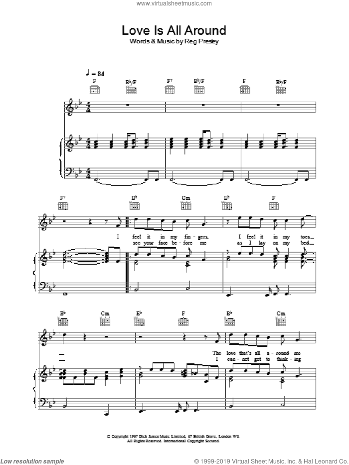 Love Is All Around sheet music for voice, piano or guitar by Wet Wet Wet and Reg Presley, intermediate skill level