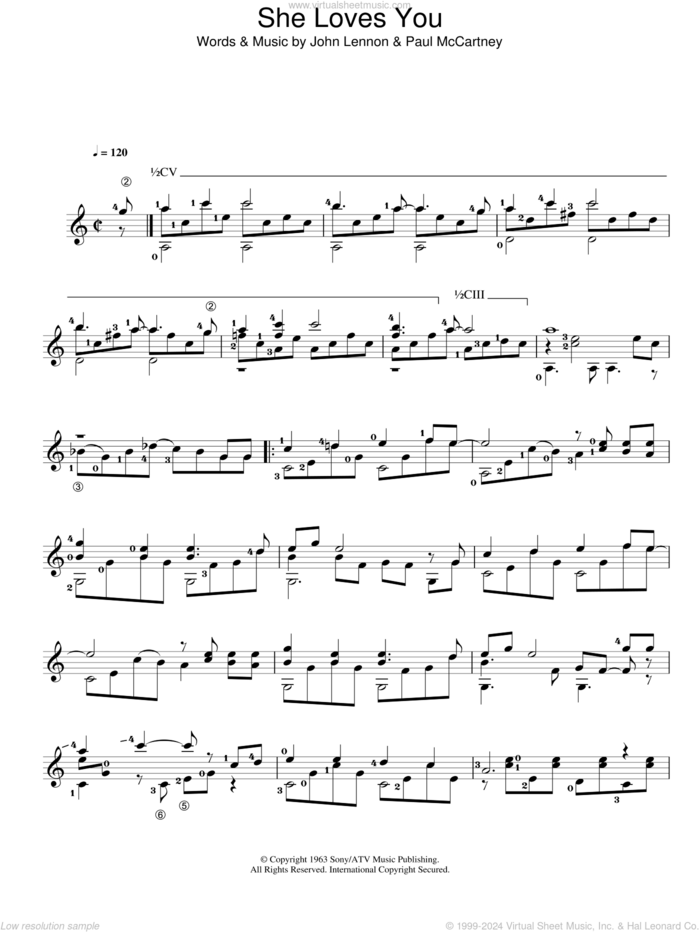 She Loves You sheet music for guitar solo (chords) by The Beatles, John Lennon and Paul McCartney, easy guitar (chords)