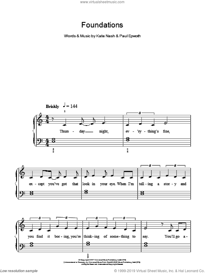 Foundations sheet music for piano solo by Kate Nash and Paul Epworth, easy skill level