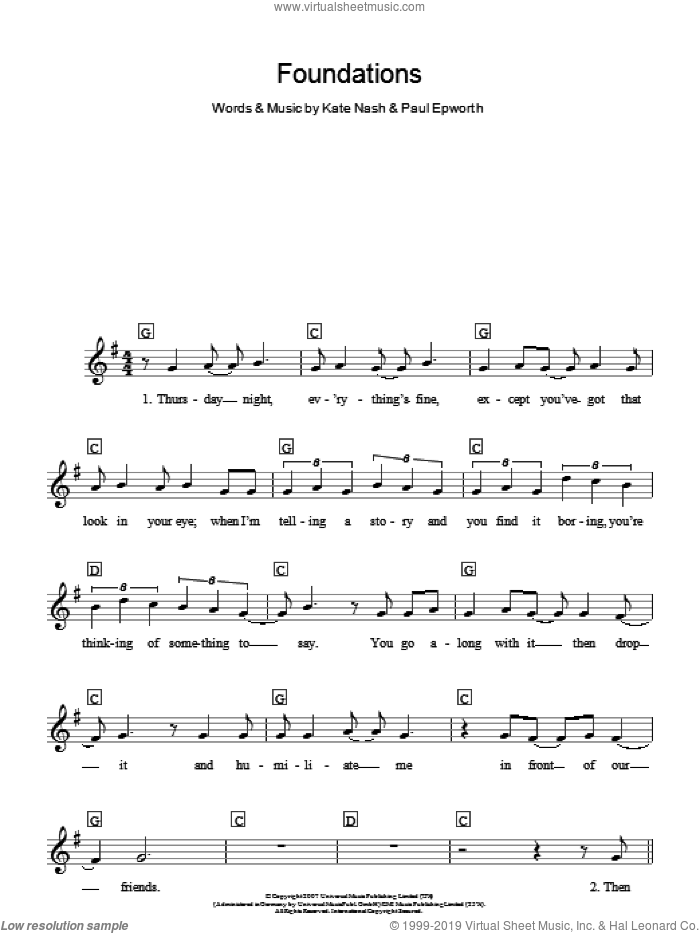 Foundations, (intermediate) sheet music for piano solo (chords, lyrics, melody) by Kate Nash and Paul Epworth, intermediate piano (chords, lyrics, melody)
