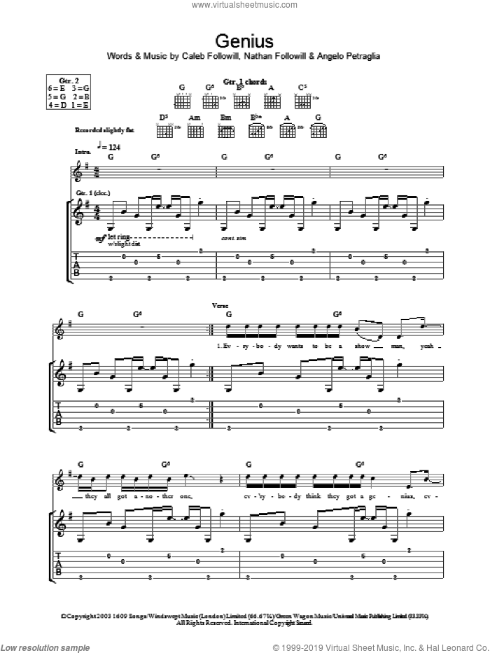 Genius sheet music for guitar (tablature) by Kings Of Leon, Angelo Petraglia, Caleb Followill and Nathan Followill, intermediate skill level