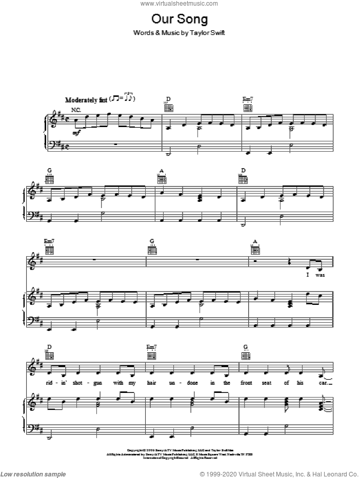 Our Song sheet music for voice, piano or guitar by Taylor Swift, intermediate skill level
