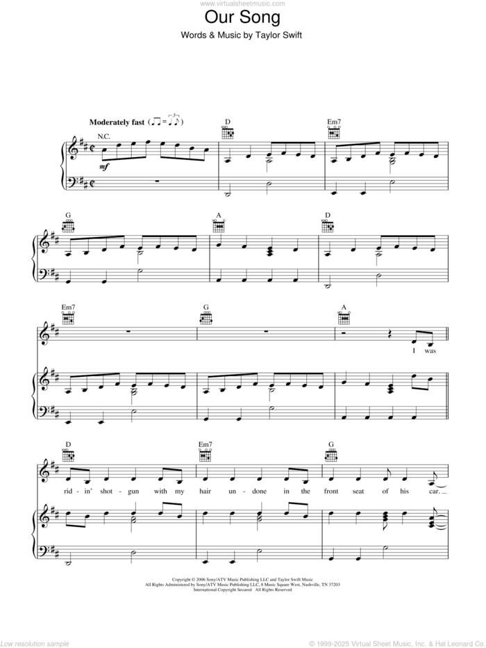 Our Song sheet music for voice, piano or guitar by Taylor Swift, intermediate skill level