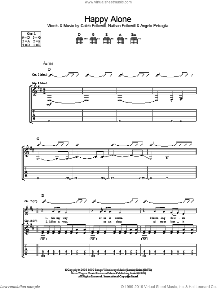 Happy Alone sheet music for guitar (tablature) by Kings Of Leon, Angelo Petraglia, Caleb Followill and Nathan Followill, intermediate skill level