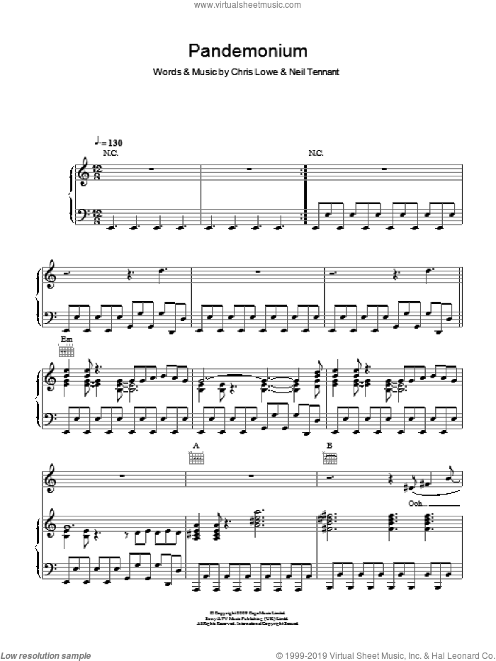 Pandemonium sheet music for voice, piano or guitar by The Pet Shop Boys, Chris Lowe and Neil Tennant, intermediate skill level