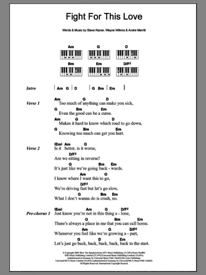 Fight For This Love sheet music for piano solo (chords, lyrics, melody) by Cheryl Cole, Andre Merritt, Steve Kipner and Wayne Wilkins, intermediate piano (chords, lyrics, melody)