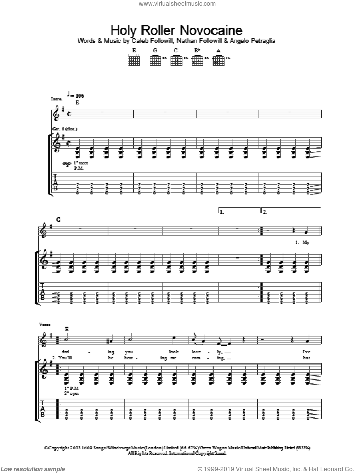 Holy Roller Novocaine sheet music for guitar (tablature) by Kings Of Leon, Angelo Petraglia, Caleb Followill and Nathan Followill, intermediate skill level