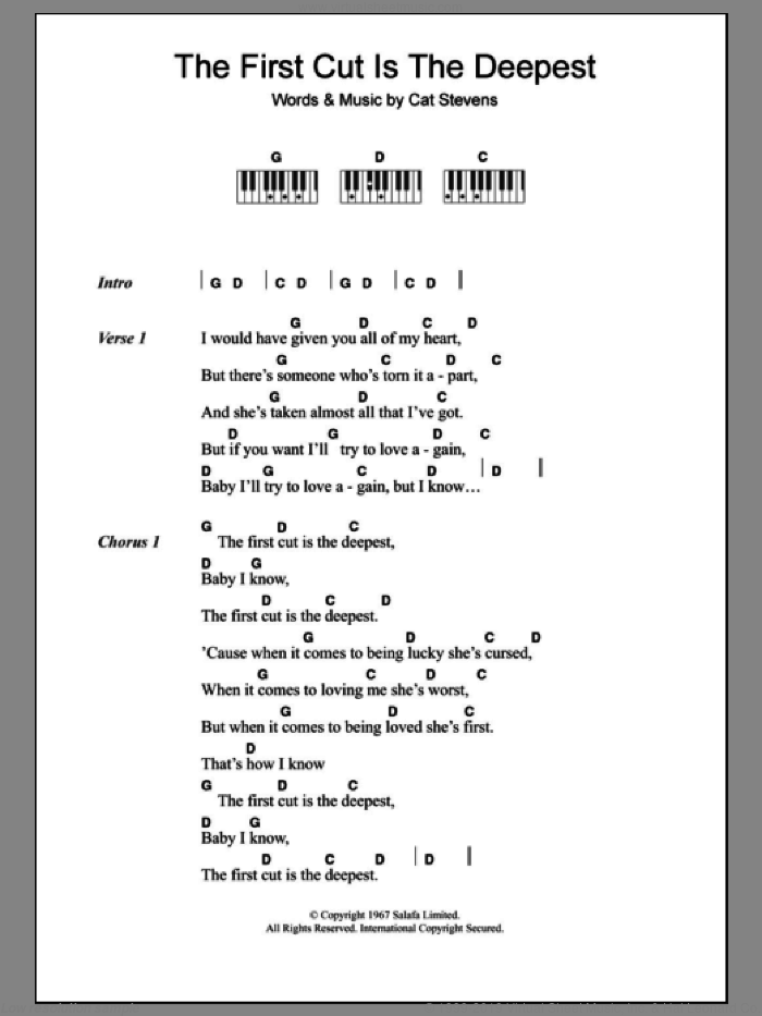 The First Cut Is The Deepest sheet music for piano solo (chords, lyrics, melody) by Cat Stevens and Sheryl Crow, intermediate piano (chords, lyrics, melody)