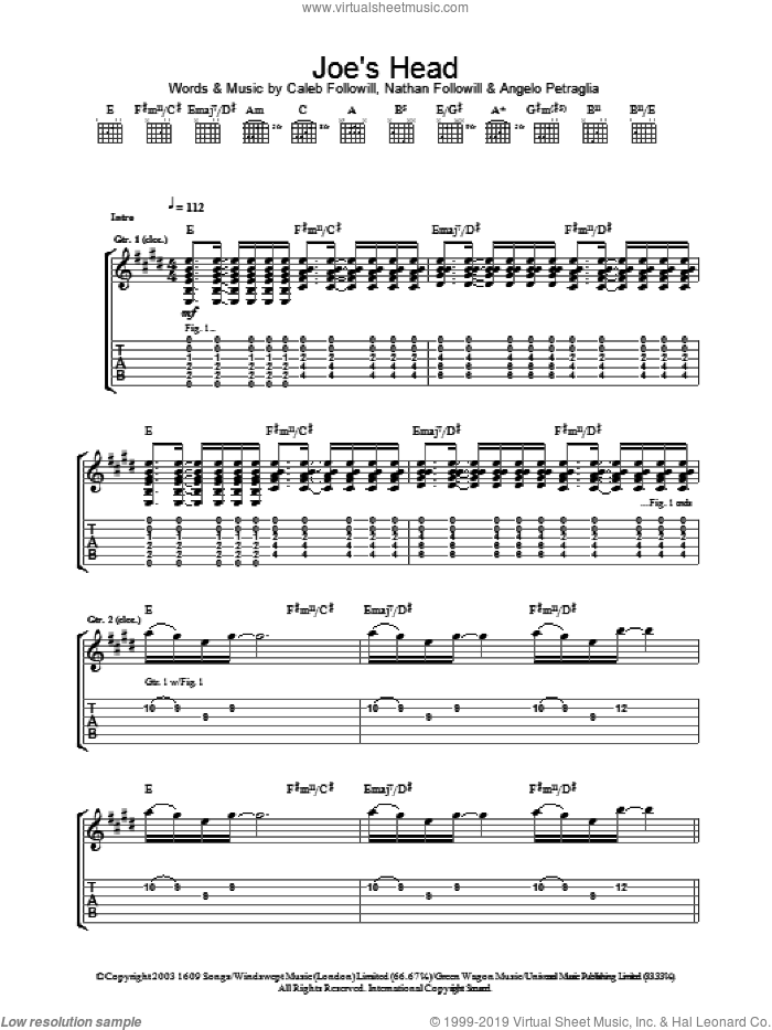 Joe's Head sheet music for guitar (tablature) by Kings Of Leon, Angelo Petraglia, Caleb Followill and Nathan Followill, intermediate skill level