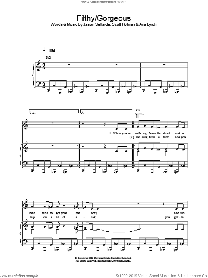 Filthy/Gorgeous sheet music for voice, piano or guitar by Scissor Sisters, Ana Lynch, Jason Sellards and Scott Hoffman, intermediate skill level