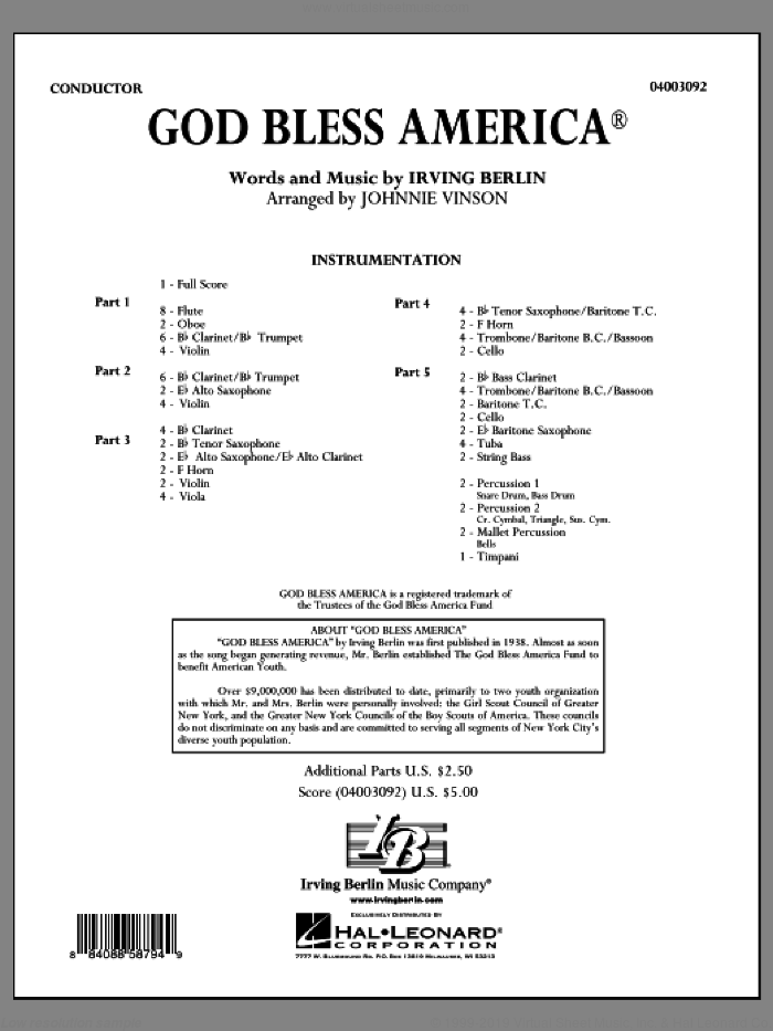 God Bless America (COMPLETE) sheet music for concert band by Irving Berlin and Johnnie Vinson, intermediate skill level