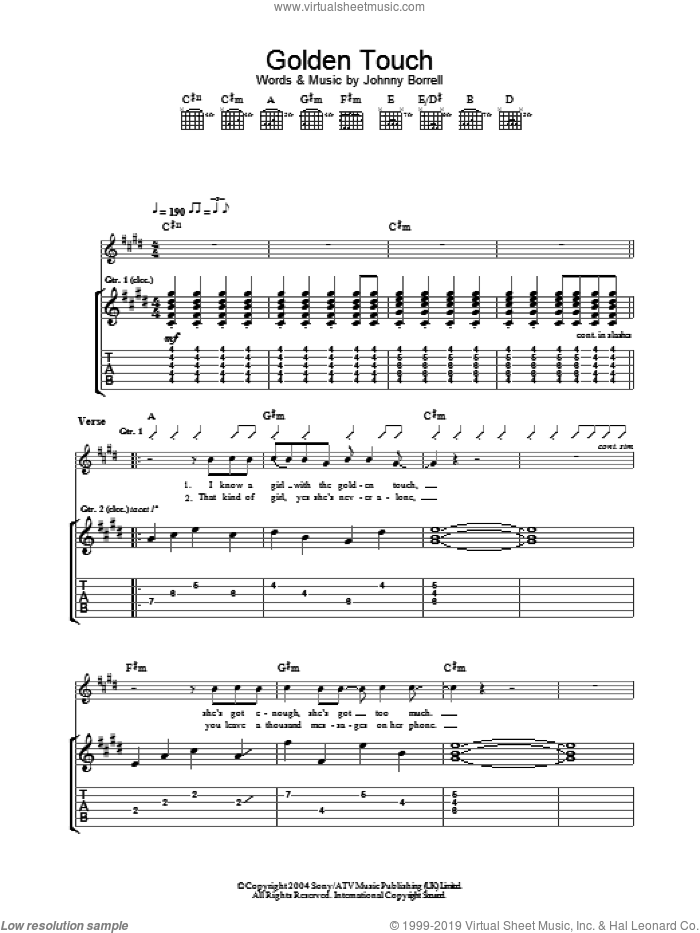 Golden Touch sheet music for guitar (tablature) by Razorlight and Johnny Borrell, intermediate skill level