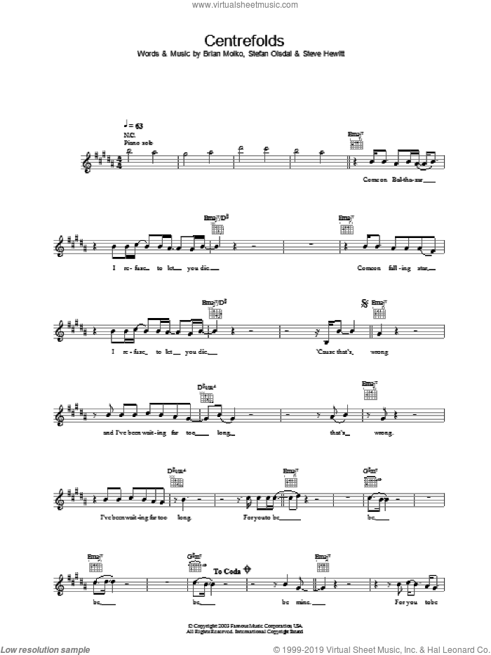 Centrefolds sheet music for voice and other instruments (fake book) by Brian Molko, Placebo, Stefan Olsdal and Steve Hewitt, intermediate skill level